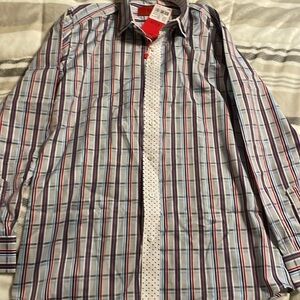 NWT Elie Balleh Boys Red Blue Plaid Button‎ Up Long Sleeve Shirt 14 Flip Cuff